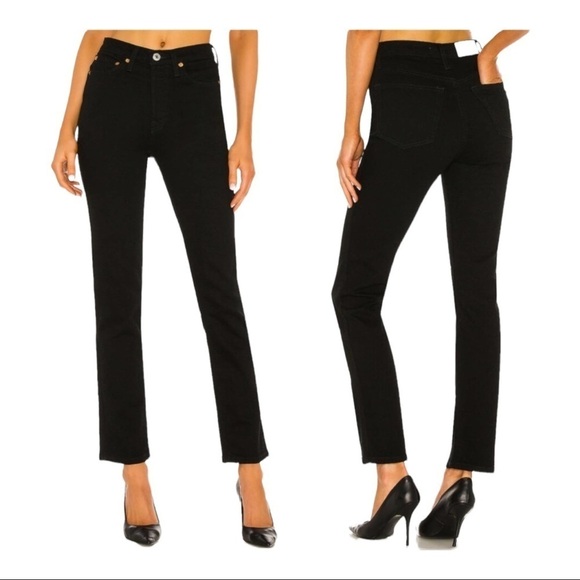 RE/DONE Rigid Denim 80's Slim Straight Jean Jet Black Button Fly Size 30